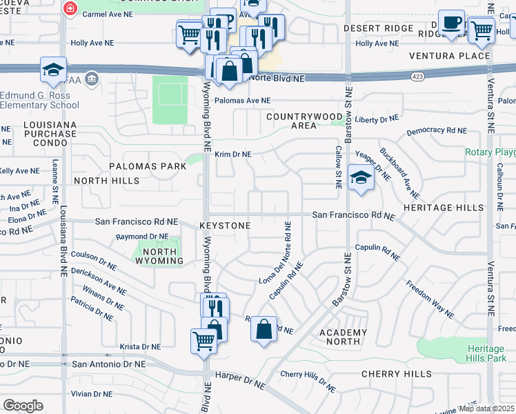 map of restaurants, bars, coffee shops, grocery stores, and more near 7608 Union Street Northeast in Albuquerque