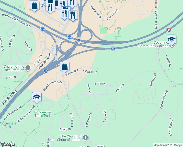 map of restaurants, bars, coffee shops, grocery stores, and more near 75 East Camille Drive in Flagstaff