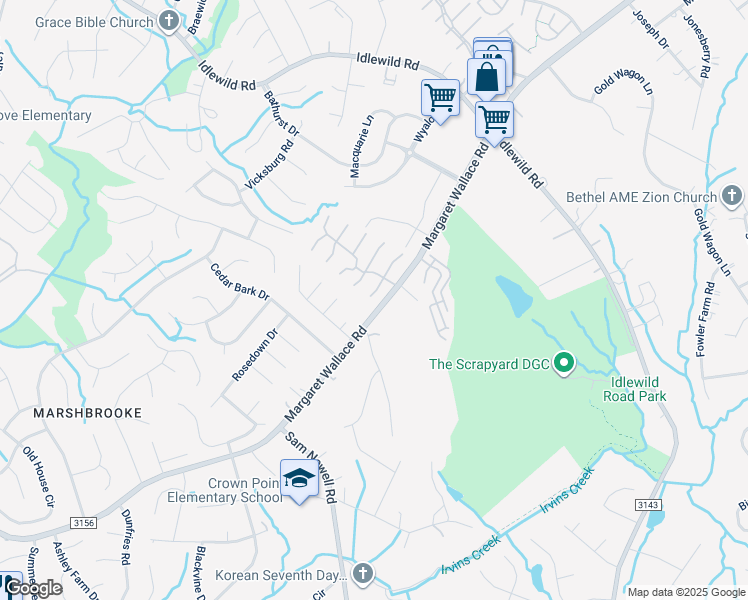 map of restaurants, bars, coffee shops, grocery stores, and more near 3625 Melrose Cottage Drive in Matthews