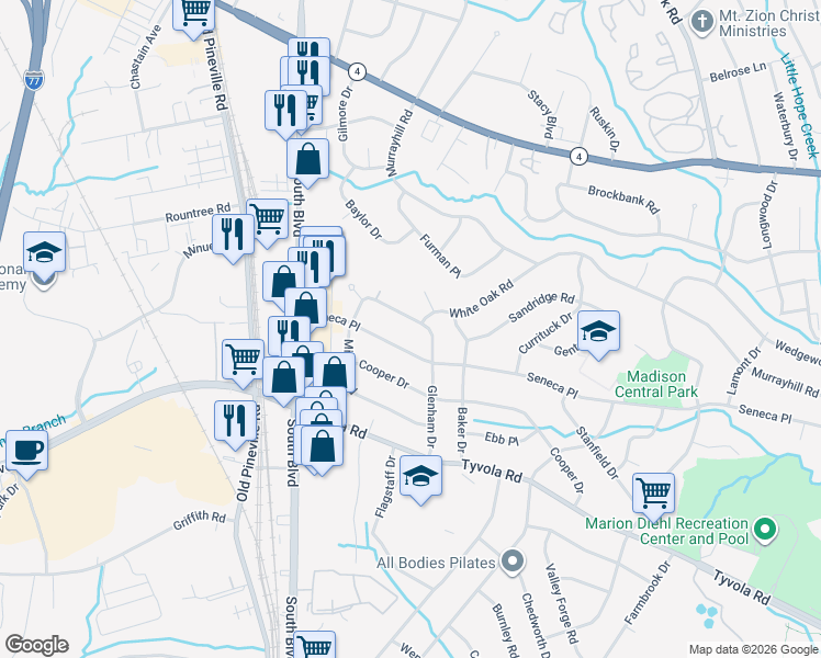 map of restaurants, bars, coffee shops, grocery stores, and more near 5100 Glenham Drive in Charlotte