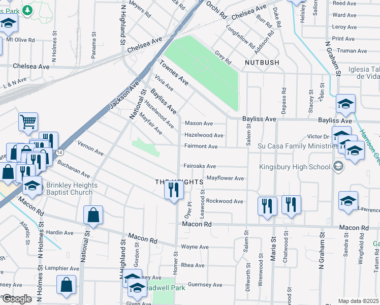 map of restaurants, bars, coffee shops, grocery stores, and more near 3651 Fairmont Avenue in Memphis