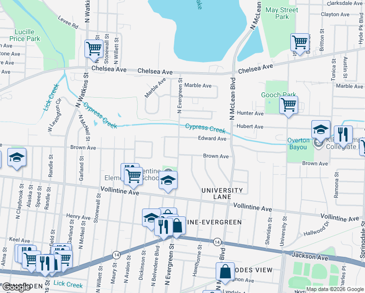 map of restaurants, bars, coffee shops, grocery stores, and more near 1080 North Evergreen Street in Memphis