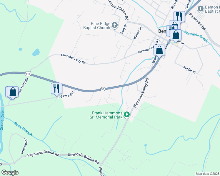 map of restaurants, bars, coffee shops, grocery stores, and more near Highway 411 in Benton