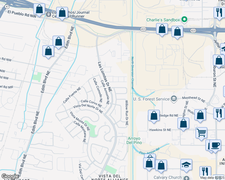 map of restaurants, bars, coffee shops, grocery stores, and more near 7659 Jackrabbit Street Northeast in Albuquerque
