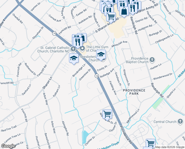 map of restaurants, bars, coffee shops, grocery stores, and more near 3200 Providence Road in Charlotte
