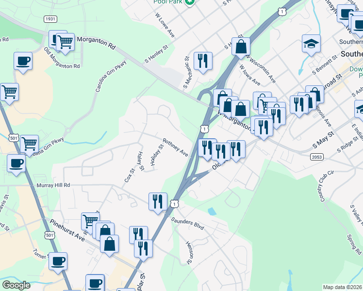 map of restaurants, bars, coffee shops, grocery stores, and more near 375 Rothney Rd in Southern Pines