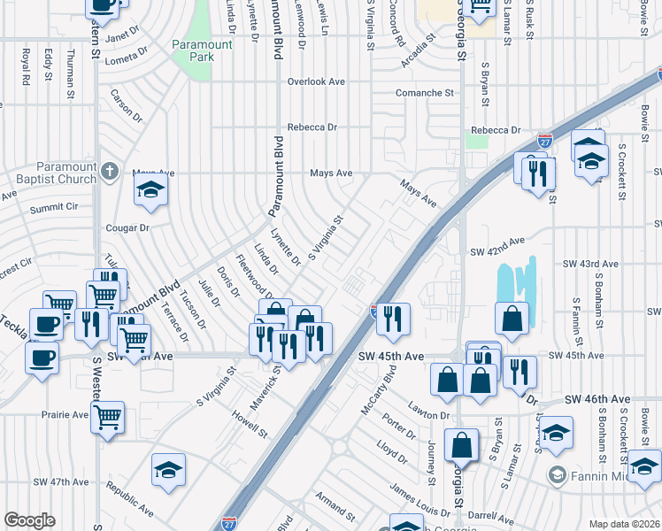 map of restaurants, bars, coffee shops, grocery stores, and more near 3926 Woodfield Street in Amarillo