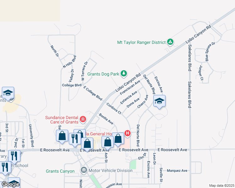 map of restaurants, bars, coffee shops, grocery stores, and more near 1108 Franciscan Avenue in Grants