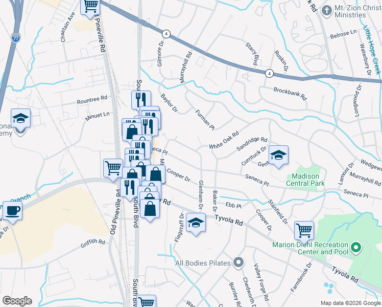 map of restaurants, bars, coffee shops, grocery stores, and more near 5100 Glenham Drive in Charlotte