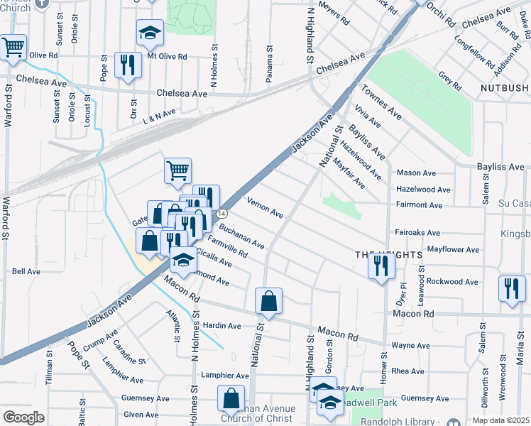 map of restaurants, bars, coffee shops, grocery stores, and more near 3413 Vernon Avenue in Memphis