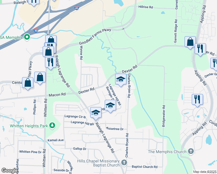 map of restaurants, bars, coffee shops, grocery stores, and more near 1544 Beringer Drive in Shelby County
