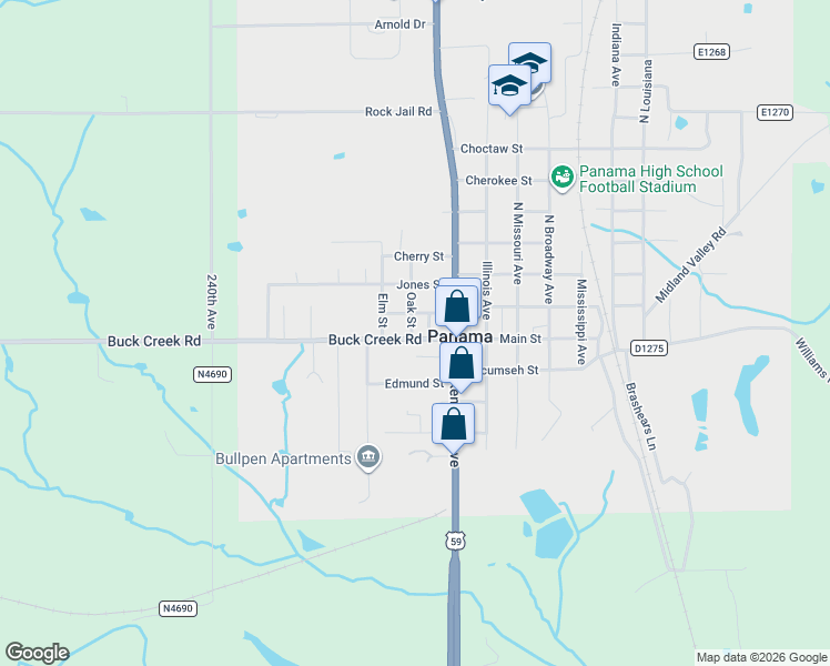 map of restaurants, bars, coffee shops, grocery stores, and more near 114 Buck Creek Road in Bokoshe