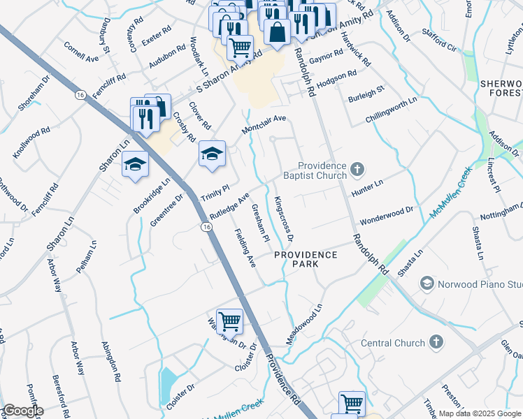 map of restaurants, bars, coffee shops, grocery stores, and more near 3327 Gresham Place in Charlotte