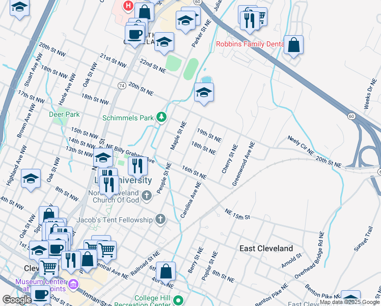 map of restaurants, bars, coffee shops, grocery stores, and more near 1730 Baugh Street Northeast in Cleveland