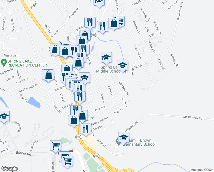 map of restaurants, bars, coffee shops, grocery stores, and more near 130 South 6th Street in Spring Lake