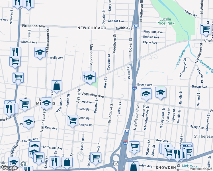 map of restaurants, bars, coffee shops, grocery stores, and more near 1010 Kney Street in Memphis