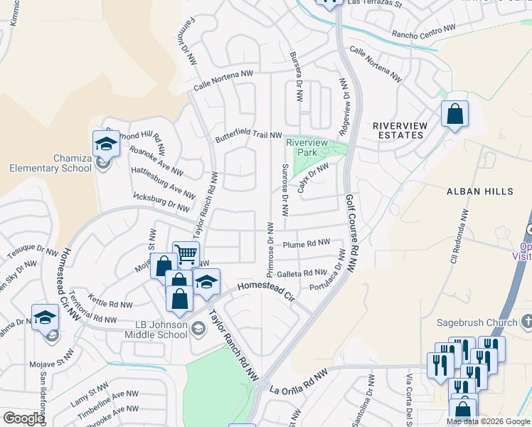 map of restaurants, bars, coffee shops, grocery stores, and more near 7417 Primrose Dr NW in Albuquerque