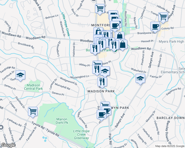 map of restaurants, bars, coffee shops, grocery stores, and more near 1401 Mockingbird Lane in Charlotte