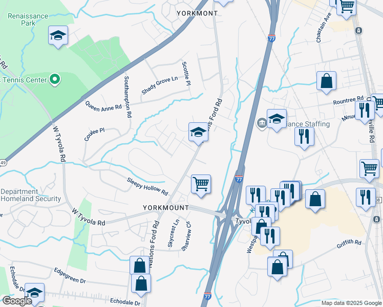 map of restaurants, bars, coffee shops, grocery stores, and more near 5914 Nations Ford Road in Charlotte