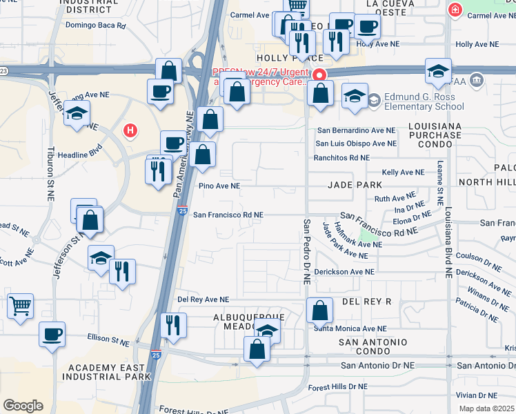 map of restaurants, bars, coffee shops, grocery stores, and more near 6001 San Francisco Road Northeast in Albuquerque