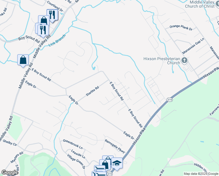 map of restaurants, bars, coffee shops, grocery stores, and more near 1714 East Boy Scout Road in Chattanooga