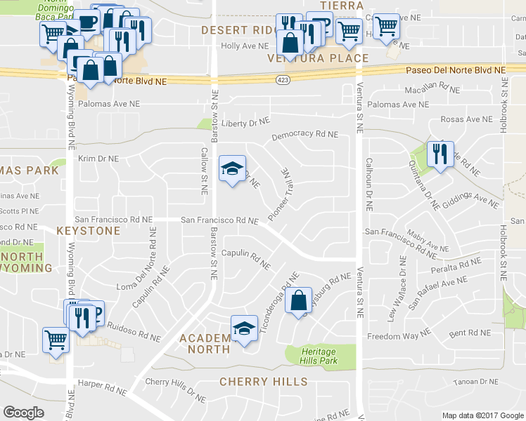 map of restaurants, bars, coffee shops, grocery stores, and more near 8538 Yeager Dr NE in Albuquerque