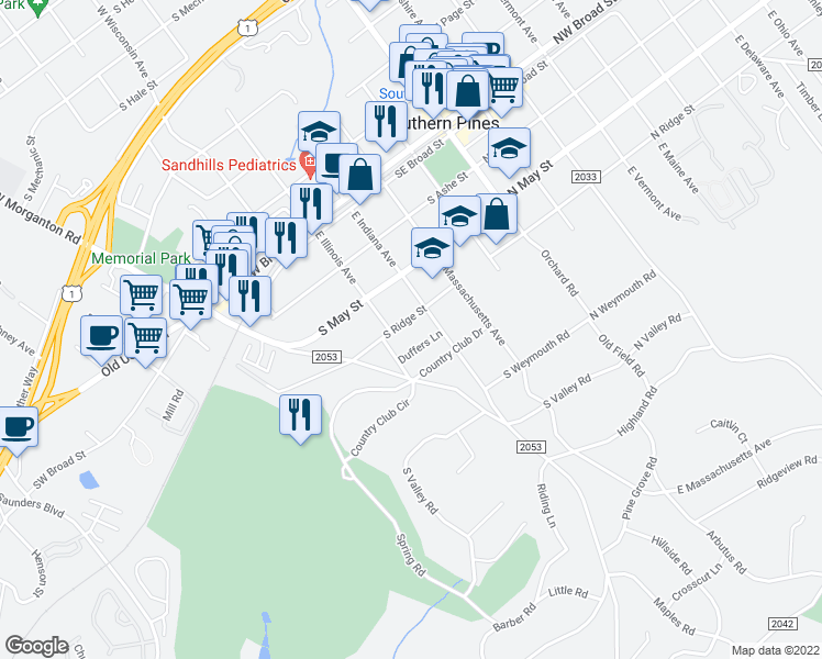 map of restaurants, bars, coffee shops, grocery stores, and more near 455 South Ridge Street in Southern Pines
