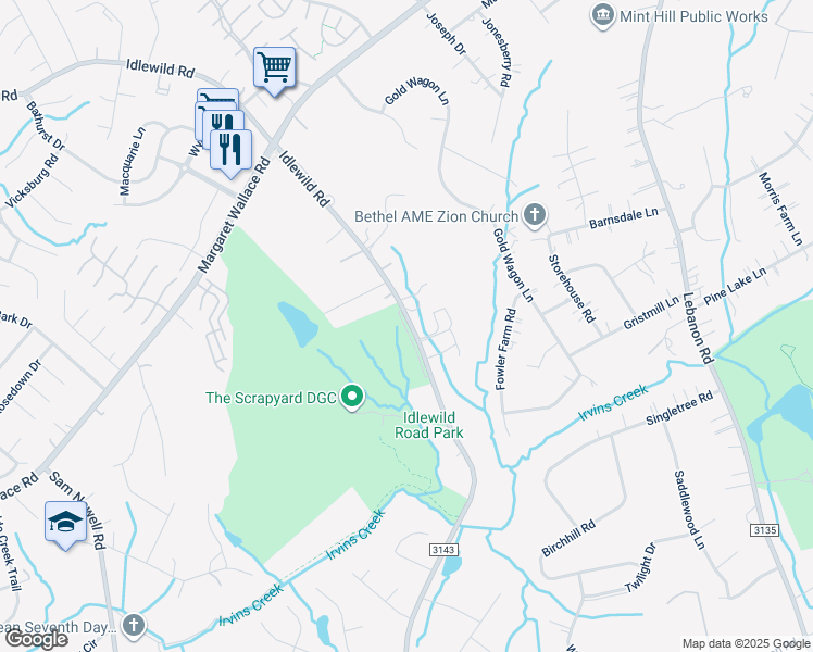 map of restaurants, bars, coffee shops, grocery stores, and more near 10328 Idlewild Road in Matthews