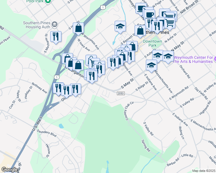 map of restaurants, bars, coffee shops, grocery stores, and more near 223 E Morganton Rd in Southern Pines