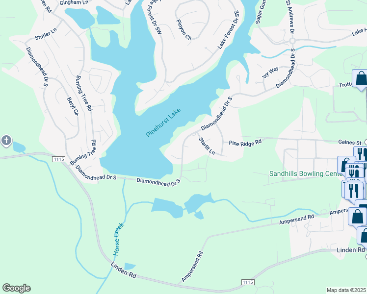 map of restaurants, bars, coffee shops, grocery stores, and more near 2 Hall Court in Pinehurst