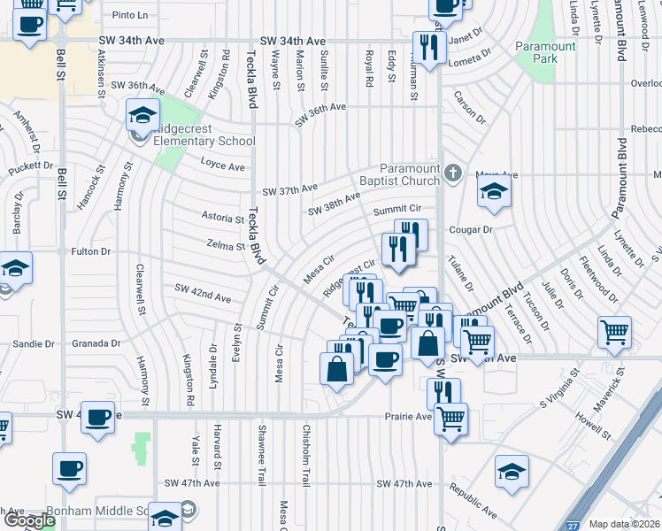 map of restaurants, bars, coffee shops, grocery stores, and more near 4319 Mesa Circle in Amarillo