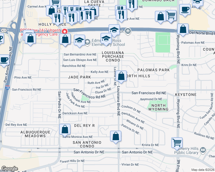 map of restaurants, bars, coffee shops, grocery stores, and more near 6828 Ina Drive Northeast in Albuquerque