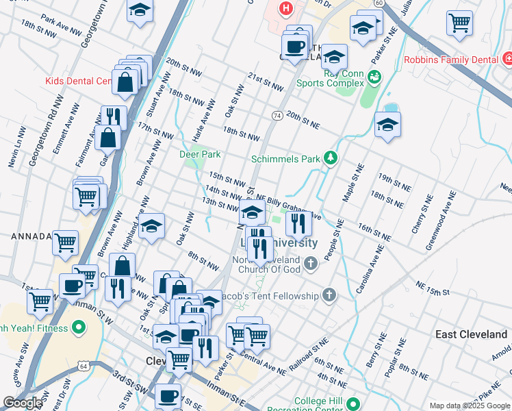 map of restaurants, bars, coffee shops, grocery stores, and more near 1200 North Ocoee Street in Cleveland