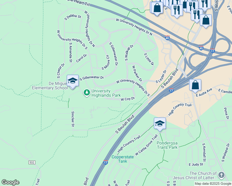 map of restaurants, bars, coffee shops, grocery stores, and more near 1121 West Ardrey Circle in Flagstaff