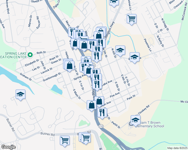 map of restaurants, bars, coffee shops, grocery stores, and more near 117 South Bragg Boulevard in Spring Lake