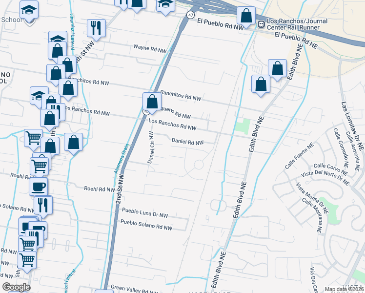 map of restaurants, bars, coffee shops, grocery stores, and more near 120 Ysabela Court Northwest in Albuquerque