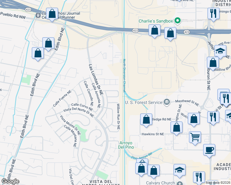 map of restaurants, bars, coffee shops, grocery stores, and more near 1432 Bridle Wood Road Northeast in Albuquerque
