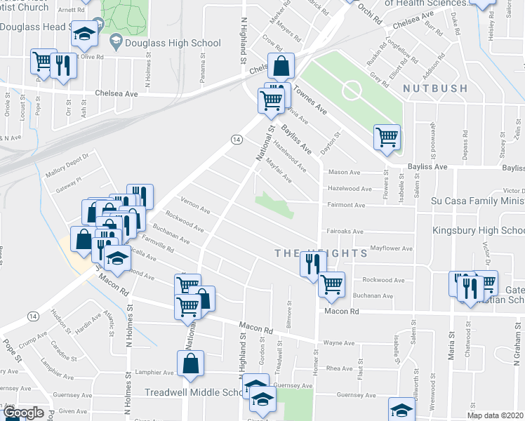 map of restaurants, bars, coffee shops, grocery stores, and more near 3524 Mayflower Avenue in Memphis