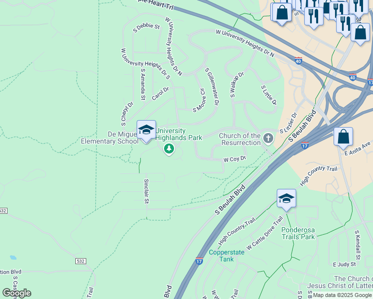 map of restaurants, bars, coffee shops, grocery stores, and more near 1390 West Melissa Drive in Flagstaff