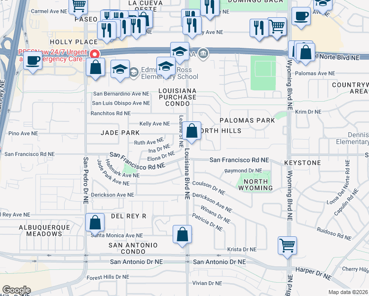 map of restaurants, bars, coffee shops, grocery stores, and more near 7604 Leanne St NE in Albuquerque