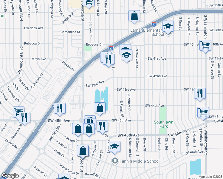 map of restaurants, bars, coffee shops, grocery stores, and more near 4240 South Austin Street in Amarillo