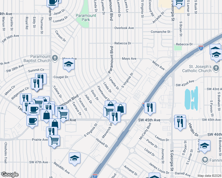 map of restaurants, bars, coffee shops, grocery stores, and more near 3909 Linda Drive in Amarillo