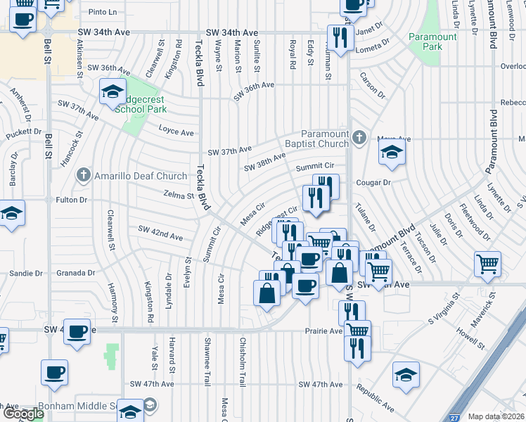map of restaurants, bars, coffee shops, grocery stores, and more near 4319 Mesa Circle in Amarillo