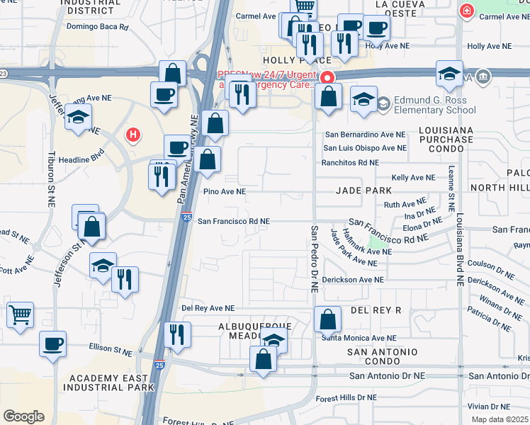 map of restaurants, bars, coffee shops, grocery stores, and more near 6001 San Francisco Road Northeast in Albuquerque