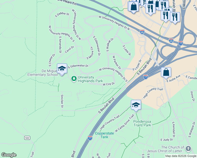map of restaurants, bars, coffee shops, grocery stores, and more near 1121 West Ardrey Circle in Flagstaff