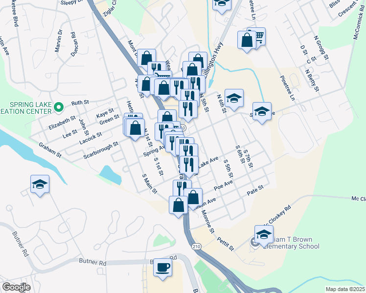 map of restaurants, bars, coffee shops, grocery stores, and more near 117 South Bragg Boulevard in Spring Lake