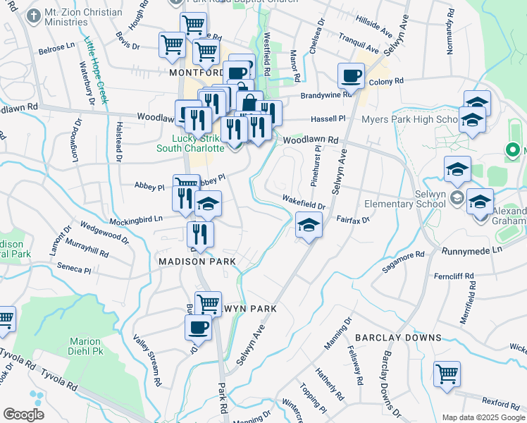 map of restaurants, bars, coffee shops, grocery stores, and more near 4607 Hedgemore Drive in Charlotte