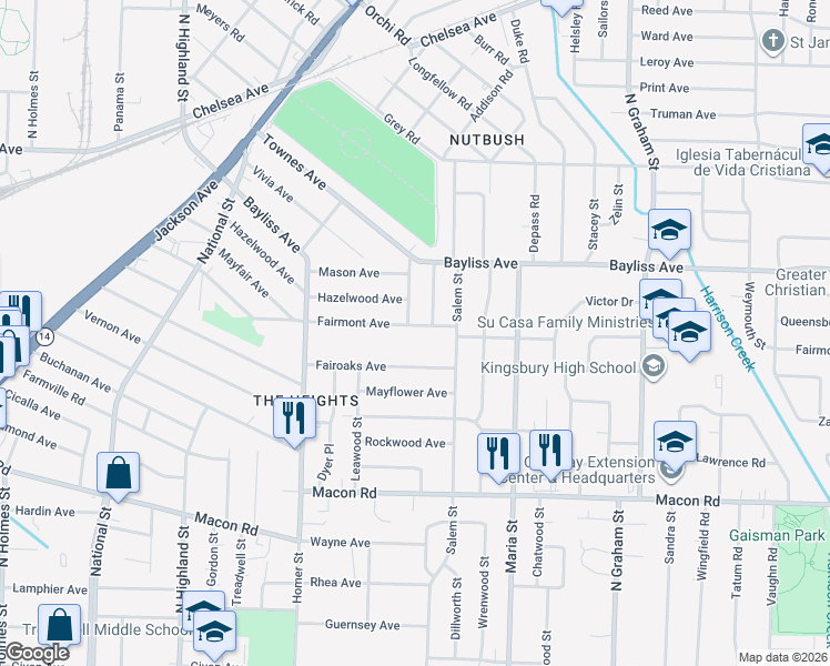 map of restaurants, bars, coffee shops, grocery stores, and more near 3741 Fairmont Avenue in Memphis
