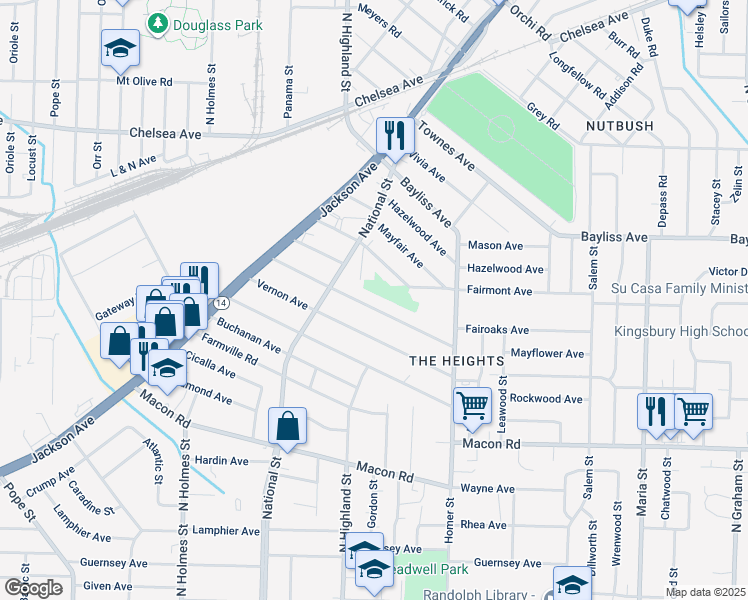 map of restaurants, bars, coffee shops, grocery stores, and more near 3524 Mayflower Avenue in Memphis