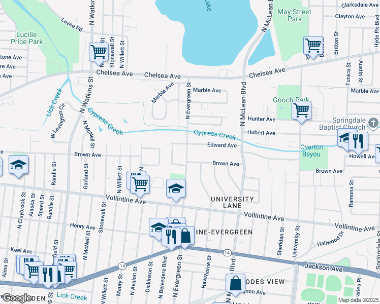 map of restaurants, bars, coffee shops, grocery stores, and more near 1080 North Evergreen Street in Memphis